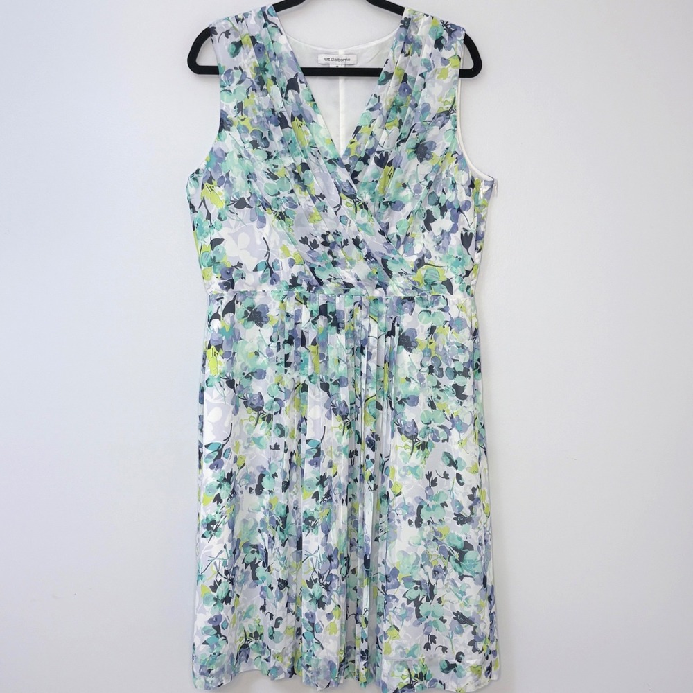 Liz Claiborne Floral Watercolor Pleated Dress Womens 12 Chiffon